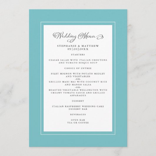 Eleganter Chic Wedding Modern Chic Aqua Green Menükarte (Vorderseite)