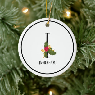 Eleganter Christmas Holly Monogram Letter I Keramik Ornament