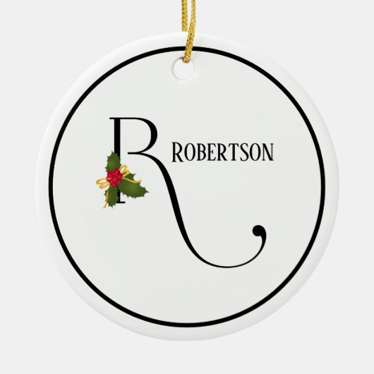 Eleganter Christmas Holly Monogram Letter R Keramik Ornament (Vorne)