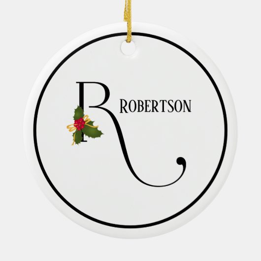 Eleganter Christmas Holly Monogram Letter R Keramik Ornament (Hinten)