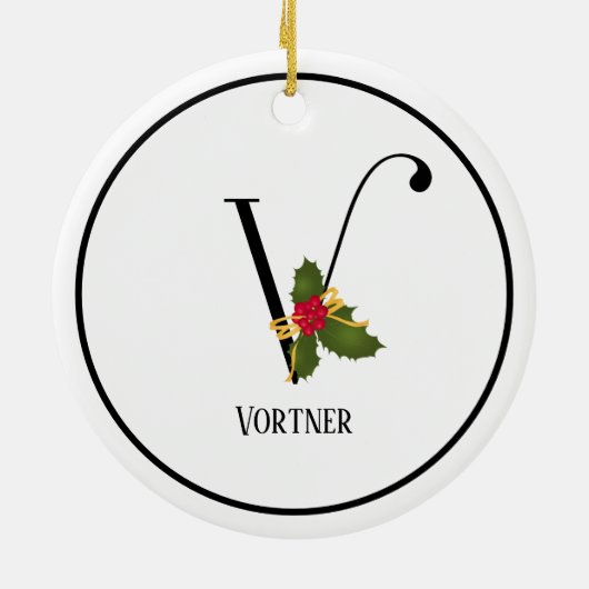 Eleganter Christmas Holly Monogram Letter V Keramik Ornament (Hinten)