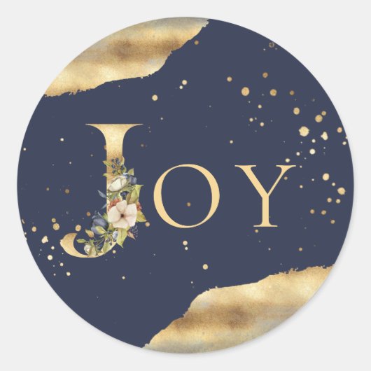Eleganter Christmas Joy Floral Gold Glitzer Blau Runder Aufkleber (Vorderseite)