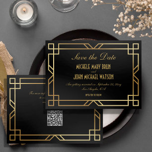 Eleganter Classic Black Gold QR Code Save the Date Einladung