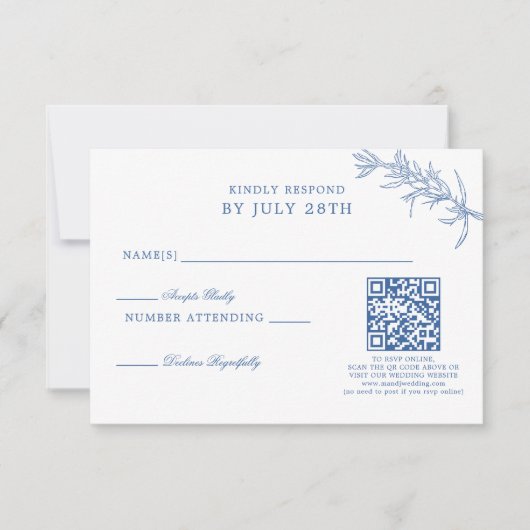 Eleganter Classic Blue Floral Wedding QR Code RSVP Karte (Vorderseite)