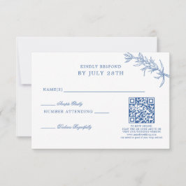 Eleganter Classic Blue Floral Wedding QR Code RSVP Karte