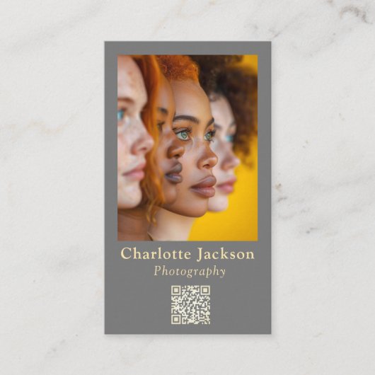 Eleganter Clean Gray Foto Fotografie & Qr Code Visitenkarte (Vorderseite)