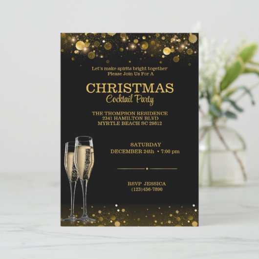 Eleganter Cocktail Black Gold Party Einladung (Stehend Vorderseite)