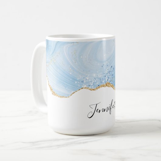 Eleganter Cooler Blue Agate und Gold Glitzer Borde Kaffeetasse (Vorderseite Links)