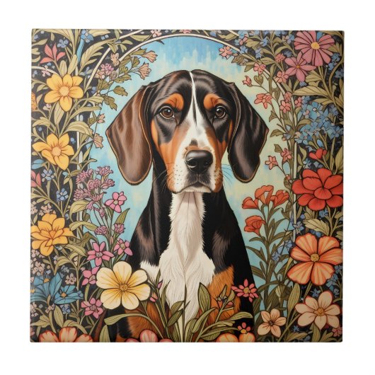 Eleganter Coonhound Buntes Blumenmuster Fliese (Vorderseite)