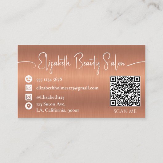 Eleganter Copper Brown Monogram Makeup Artist QR Visitenkarte (Rückseite)
