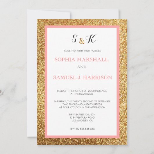 Eleganter Coral Glitzer Gold Hochzeit Einladung (Vorderseite)