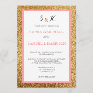 Eleganter Coral Glitzer Gold Hochzeit Einladung