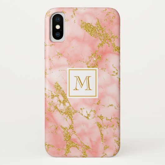 Eleganter Coral Marble Monogram Imitate Gold Glitz Case-Mate iPhone Hülle (Rückseite)