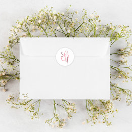 Eleganter Coral Pink Monogram Wedding Umschlag Auf Runder Aufkleber