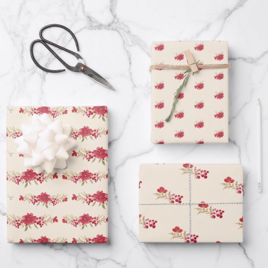 Eleganter Cream Christmas Roter Botanischer Feiert Geschenkpapier Set (Vorderseite)