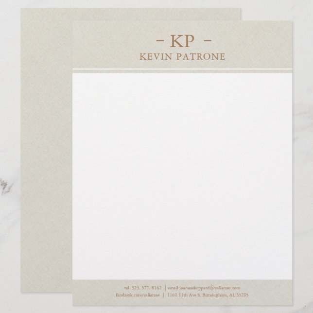 Eleganter Cream Linen Gold Minimalistischer Text Briefbogen (Vorne/Hinten)