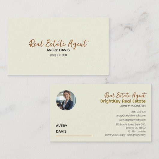 Eleganter Cream & Script Real Anwesen Agent Visitenkarte (Vorne/Hinten)