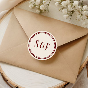 Eleganter Cream und Burgundy Monogram Umschlag Auf Runder Aufkleber