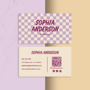 Eleganter Cream und Lila Checkered - Qr Code Visitenkarte