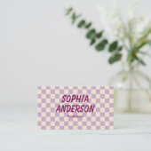 Eleganter Cream und Lila Checkered - Qr Code Visitenkarte (Stehend Vorderseite)