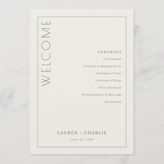 Eleganter Cremefarbener Zeitplan der Zeremonie Programm (Vorderseite)