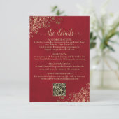 Eleganter Crimson Red & Gold Wedding QR Code Detai Begleitkarte (Stehend Vorderseite)