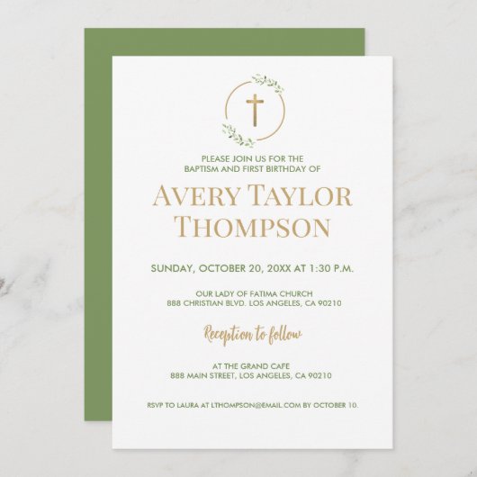 Eleganter Cross Greenerity Taufe und erster Geburt Einladung (Vorne/Hinten)