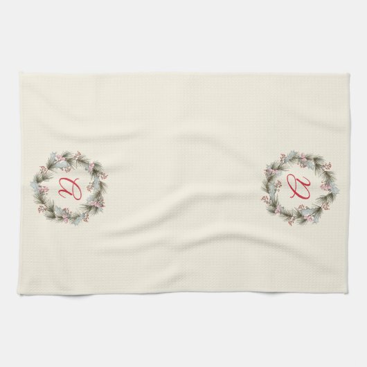 Eleganter Custom Monogram Weihnachtskranz Geschirrtuch (Horizontal)