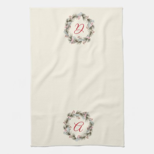 Eleganter Custom Monogram Weihnachtskranz Geschirrtuch (Vertikal)