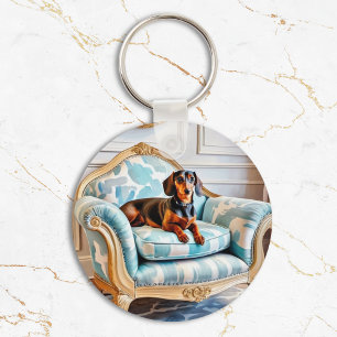 Eleganter Dachshund auf luxuriösem Armlehnstuhl mi Schlüsselanhänger