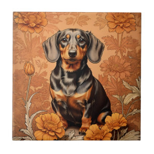 Eleganter Dachshund und Ringelblumen Fliese