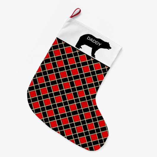 Eleganter Daddy Bear auf Black & Red Diamond Muste Großer Weihnachtsstrumpf (Vorderansicht (hängend))