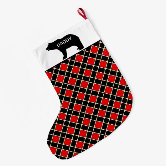 Eleganter Daddy Bear auf Black & Red Diamond Muste Großer Weihnachtsstrumpf (Rückseite (Hängend))