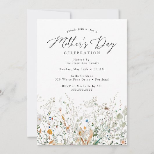 Eleganter Dainty Wildblumen Muttertag Einladung (Vorderseite)