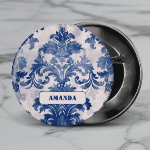 Eleganter Damast Blau Toile de Jouy Monogramm Button