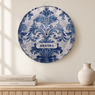 Eleganter Damast Blau Toile de Jouy Monogramm Dartscheibe