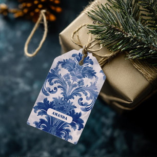 Eleganter Damast Blau Toile de Jouy Monogramm Geschenkanhänger