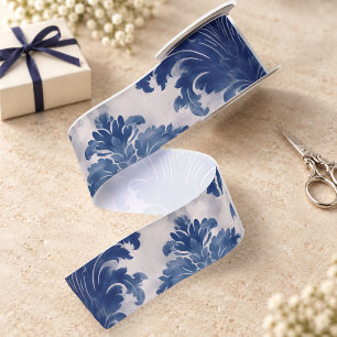 Eleganter Damast Blau toile de jouy Monogramm Satinband