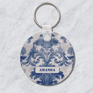 Eleganter Damast Blau toile de jouy Monogramm Schlüsselanhänger