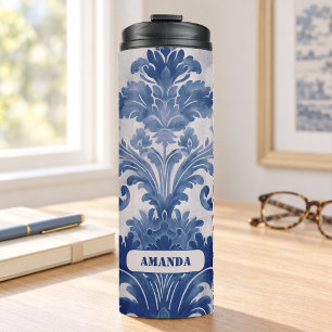 Eleganter Damast Blau Toile de Jouy Monogramm Thermosbecher