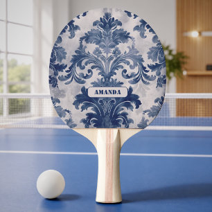 Eleganter Damast Blau Toile de Jouy Monogramm Tischtennis Schläger
