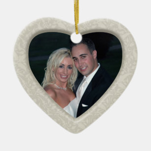 Eleganter Damast-erste WeihnachtsFoto-Verzierung Keramikornament