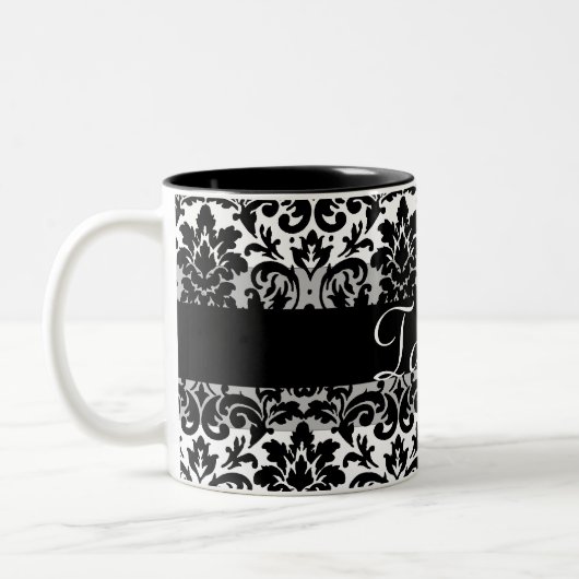 Eleganter Damast-Kalligraphieentwurf Zweifarbige Tasse (Links)