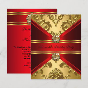 Eleganter Damast Königlich Rot Gold Blumen Geburts Einladung