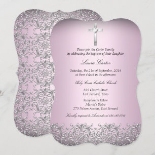 Eleganter Damast & Kreuz Rosa Taufe 2 Einladung