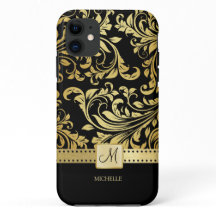 Eleganter Damast mit Monogramm. Schwarz-Gold.