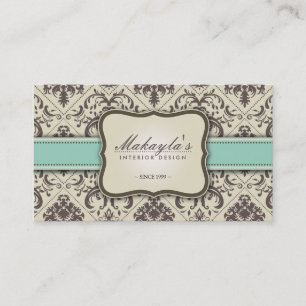 Eleganter Damast modern in Braun, Grün und Beige Visitenkarte