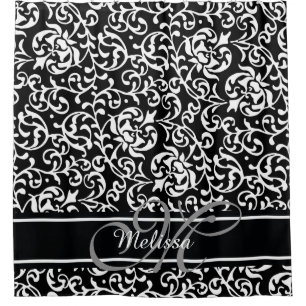 Eleganter Damast-Name und Monogramm Schwarzweiss Duschvorhang