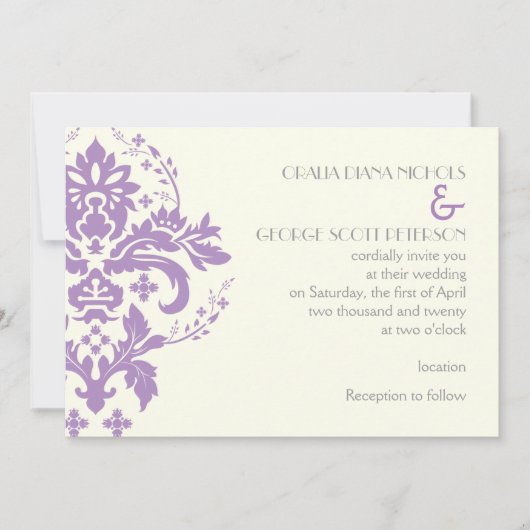 Eleganter Damastlavender, grau, Elfenbeinhochzeit Einladung (Vorderseite)