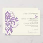 Eleganter Damastlavender, grau, Elfenbeinhochzeit Einladung (Vorne/Hinten)